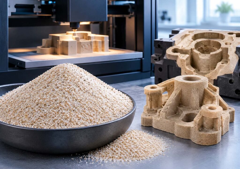Silica sand used in industrial 3D printing to manufacture foundry molds and cores