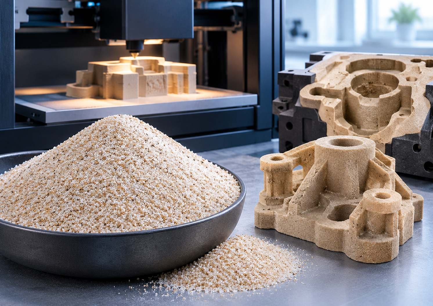 Silica sand used in industrial 3D printing to manufacture foundry molds and cores